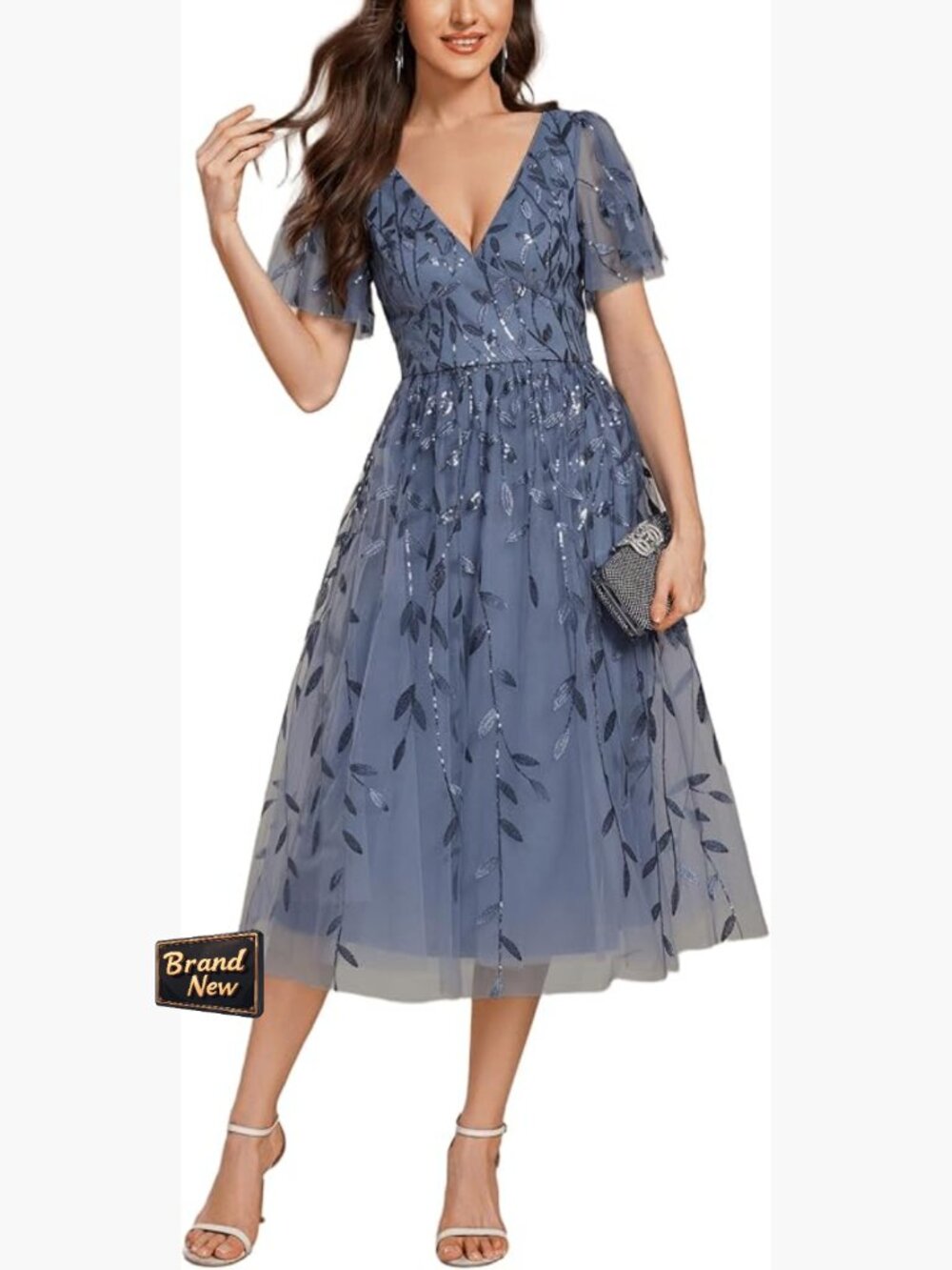 Sequin Midi Cocktail Dress with V-Neck and Short Ruffle Sleeves - A-Line Formal